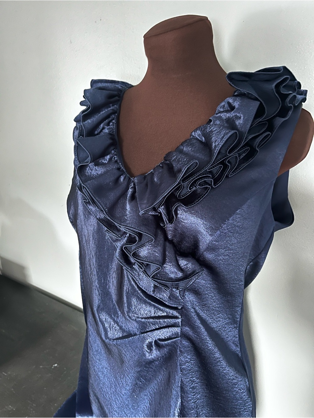 Xscape Navy Satin Ruffle V-Neck Mini Dress